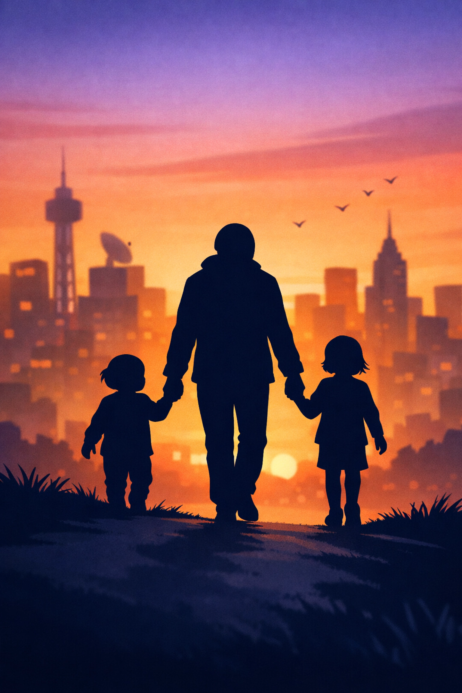 Parent and children walking away from city skyline choosing family over career