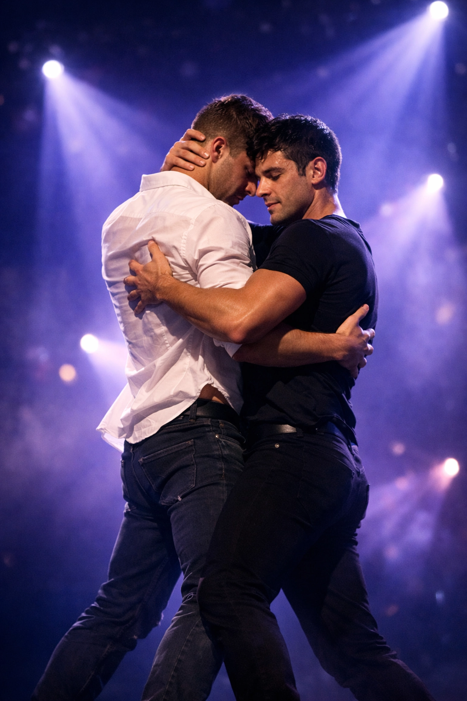 Male dancers embrace on stage during Ireland's Eurovision 2018 same-sex performance