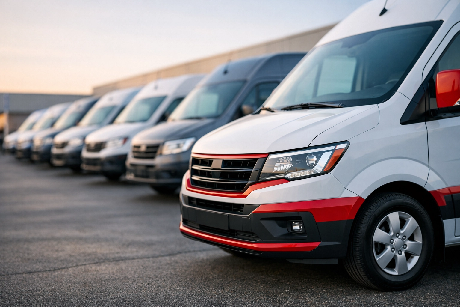 Row of organized commercial delivery vans prepared for a preventive fleet vehicle maintenance program.