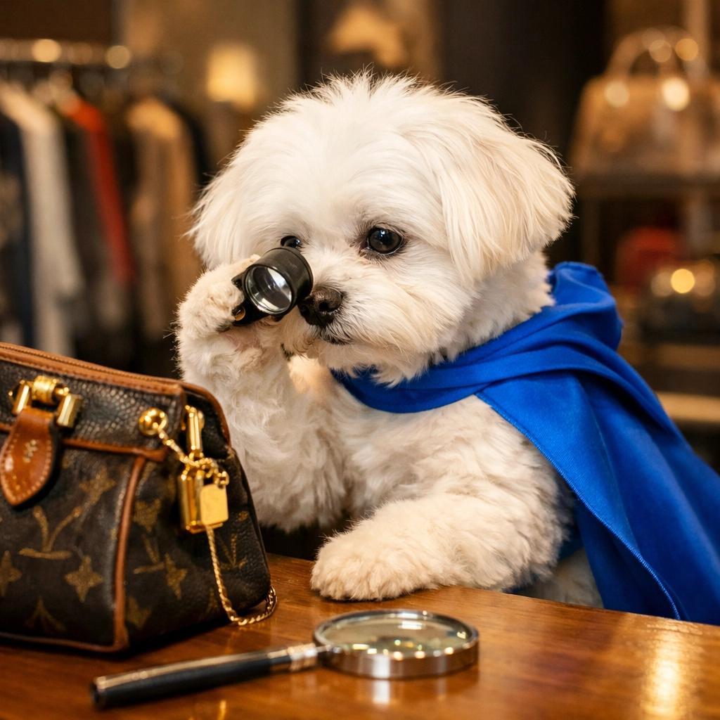 Maltese dog inspecting a designer handbag at a resale shop buy-counter for professional authentication.