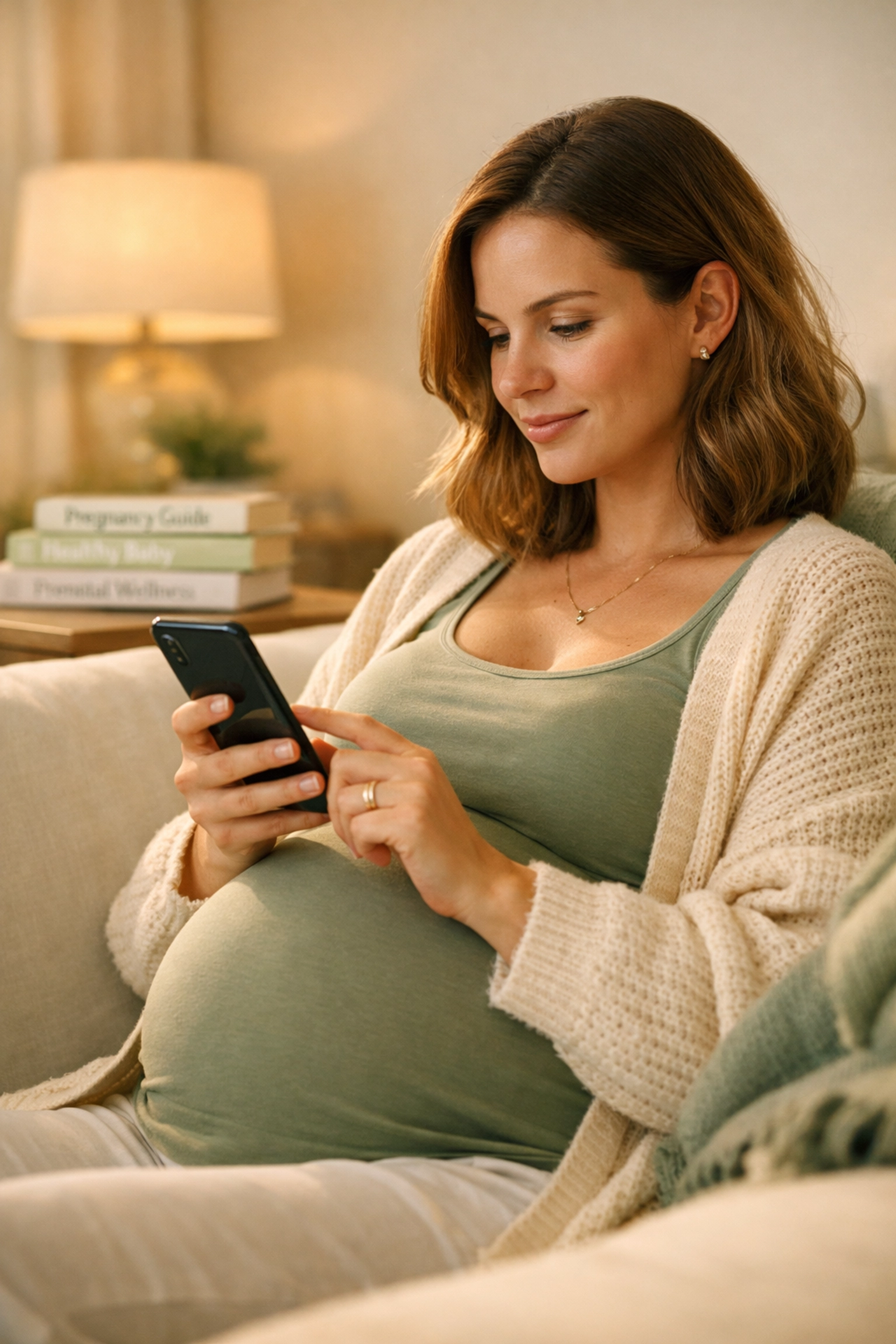 Pregnant woman checking safety guidelines on her phone about using a vibrating massager while pregnant.