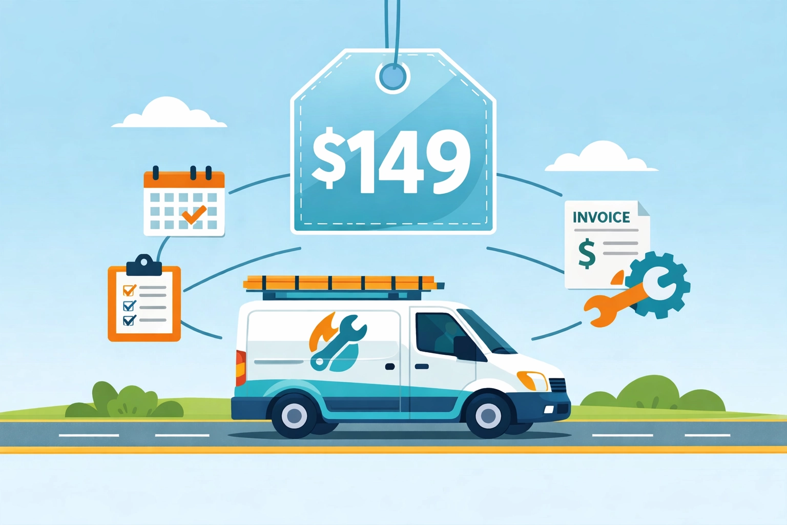 Field service van with transparent flat-rate pricing for scheduling and invoicing software
