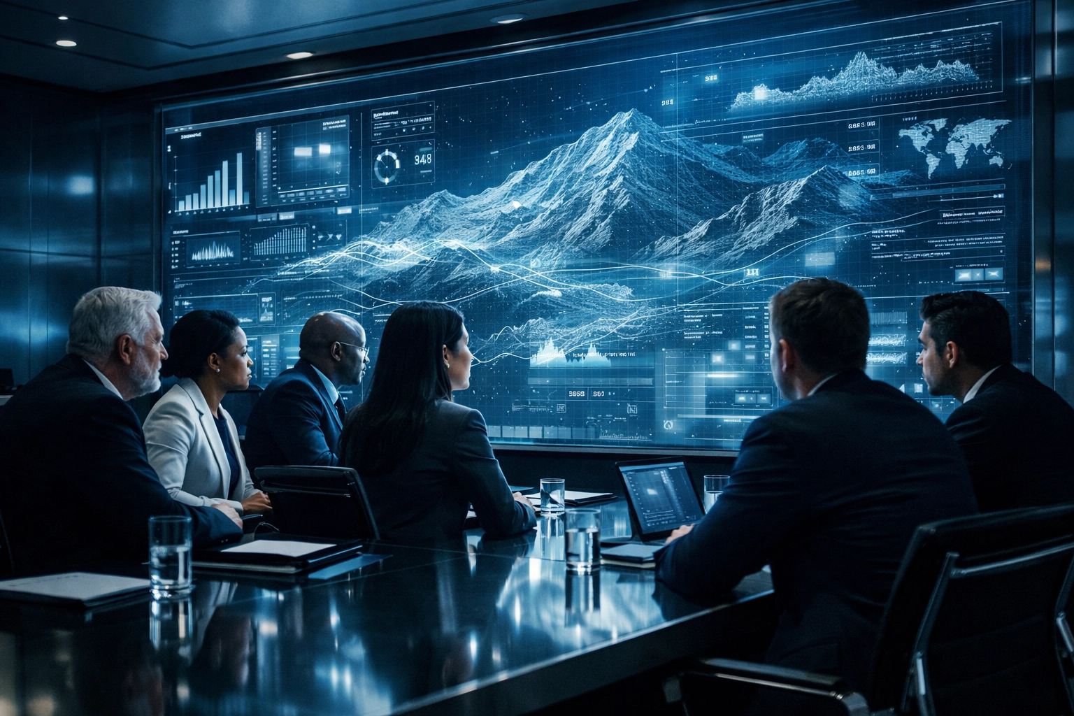 Corporate executives conducting crisis management simulations using digital maps in a boardroom.
