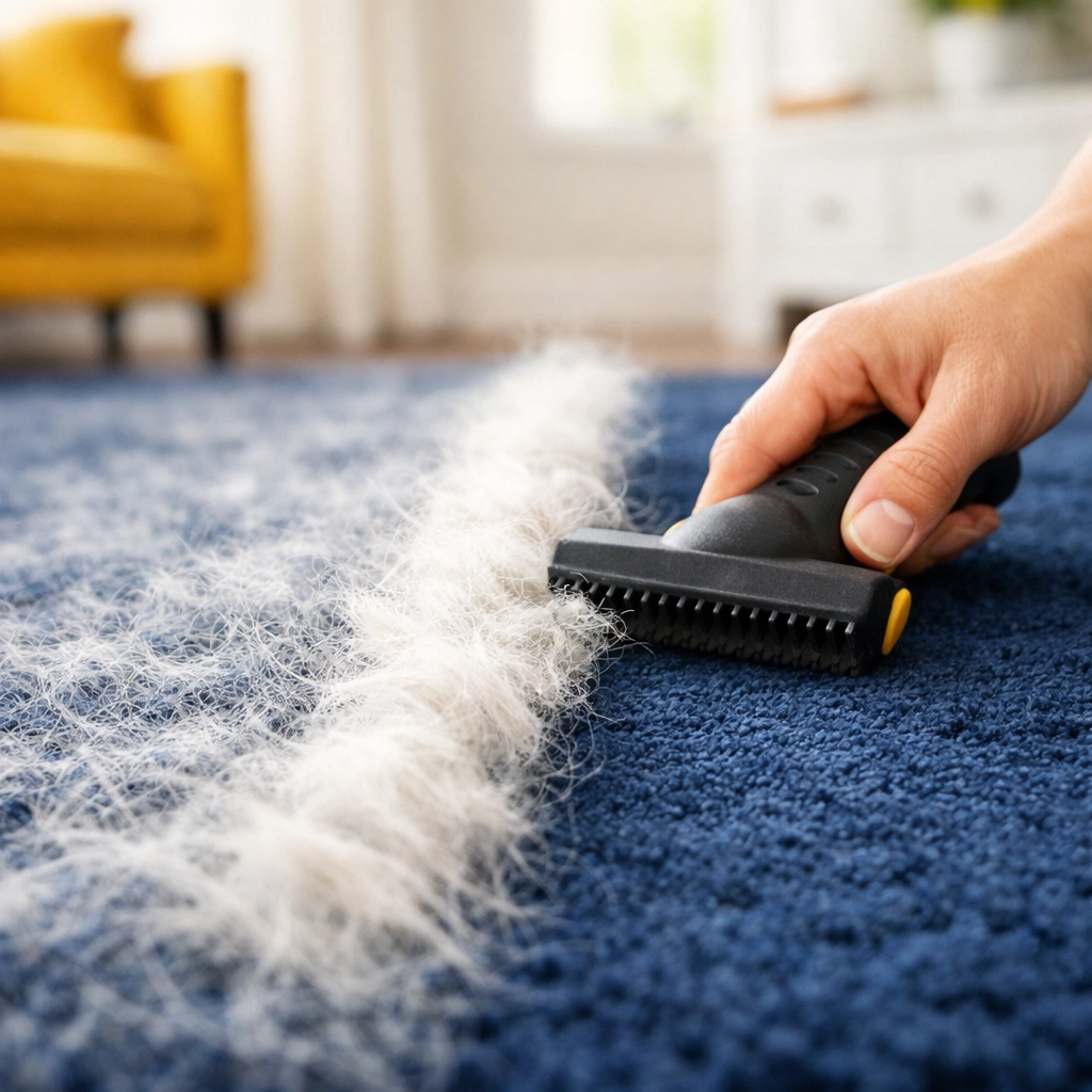 Removing pet fur from a navy blue area rug in a Lancaster home using a professional grooming tool.