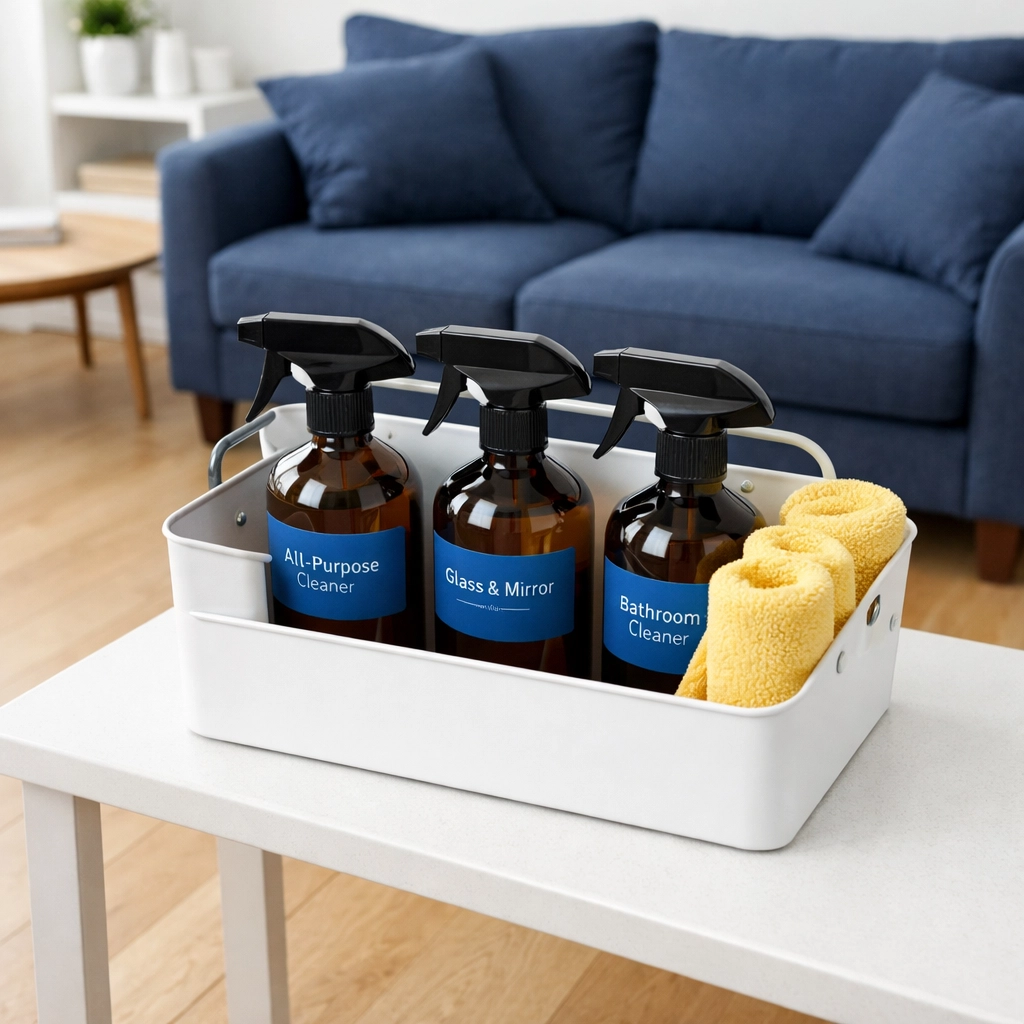 Eco-friendly products and a spotless living room showing the quality of bi weekly house cleaning services.