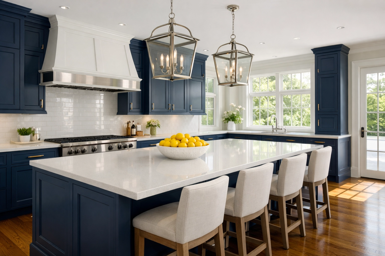 Pristine Wellesley kitchen with white quartz countertops after a professional weekly house cleaning service.