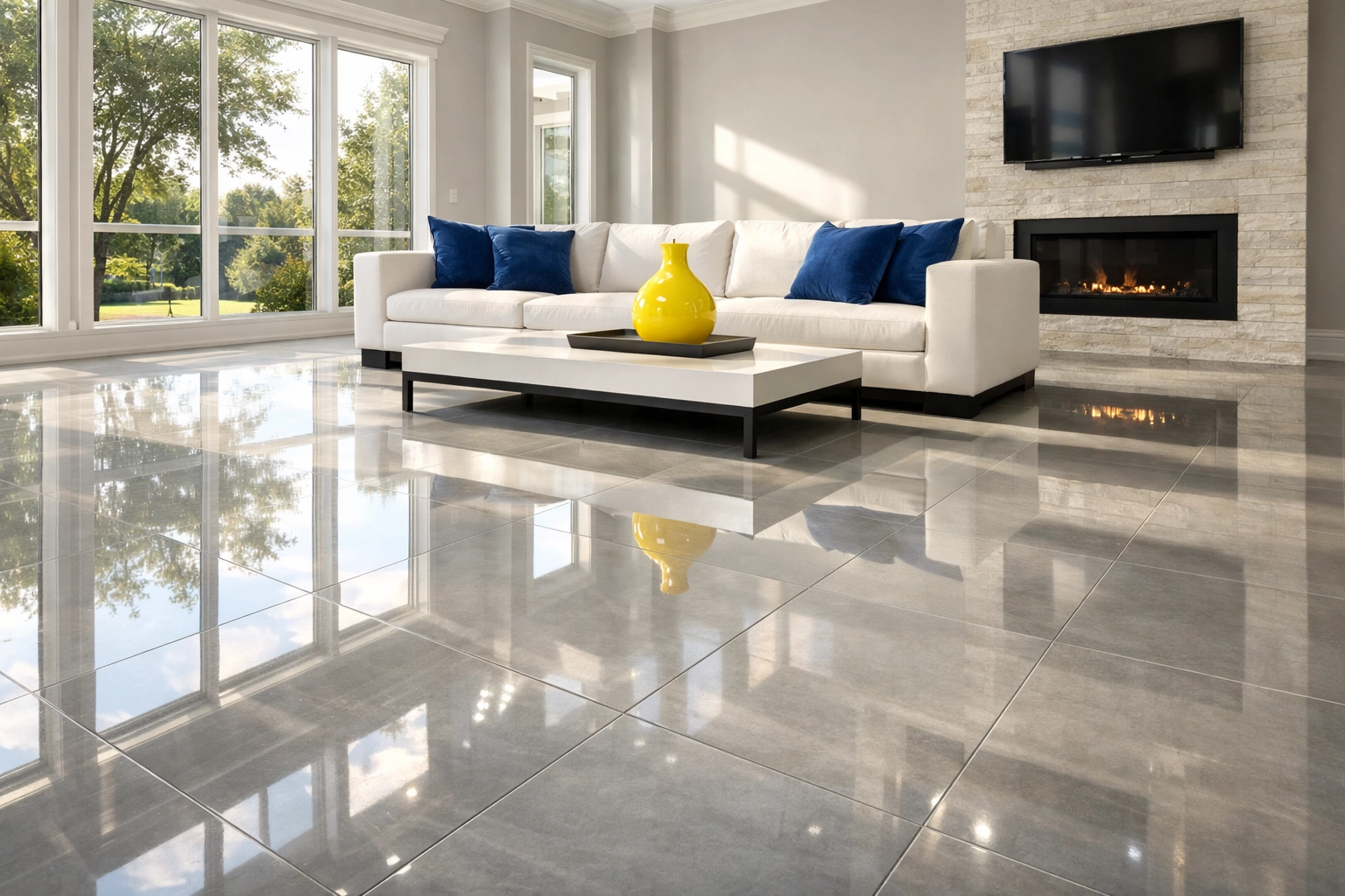 Sun-drenched Hopkinton living room showcasing streak-free tile floors after expert deep cleaning services.