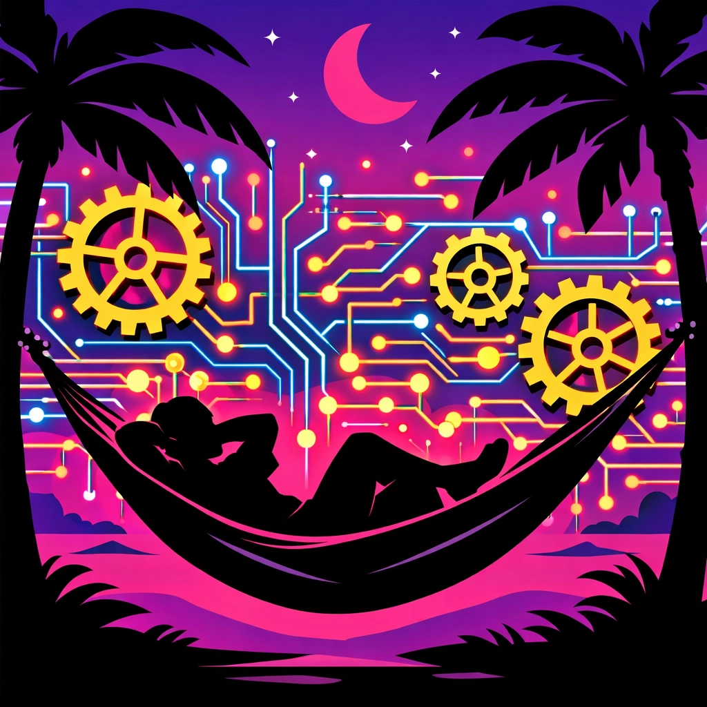 Business owner relaxing while an AI assistant handles background operations and automation.