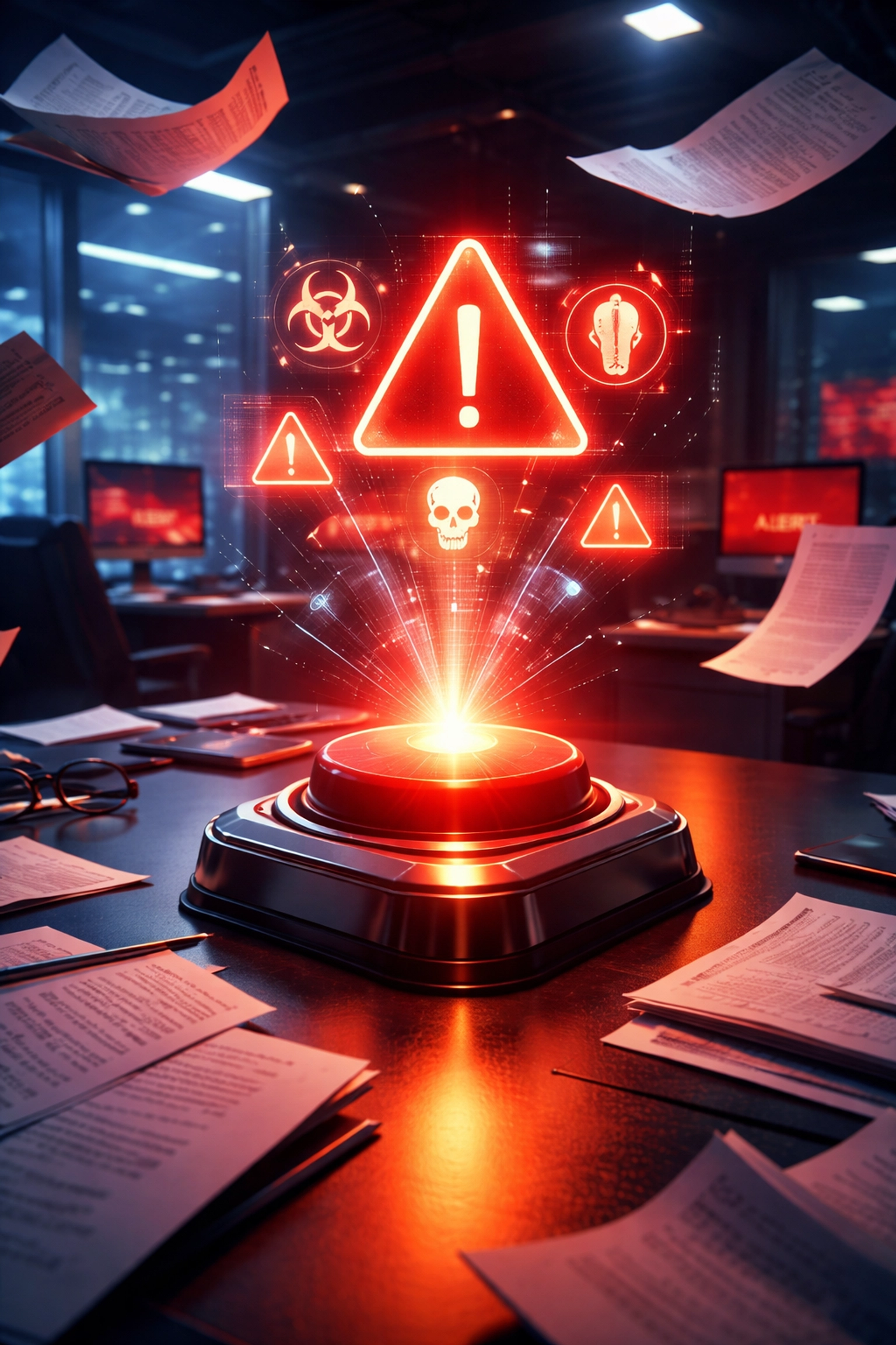 Emergency alarm button and warning icons on office desk symbolizing urgent data breach response and cybersecurity incident planning