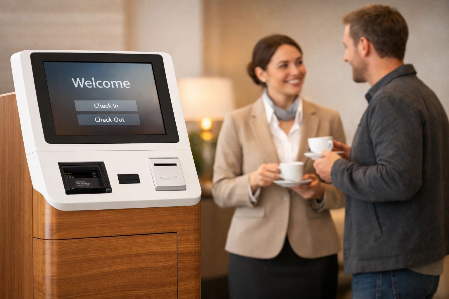 Modern hotel lobby with self-service check-in kiosk while staff engages with guest