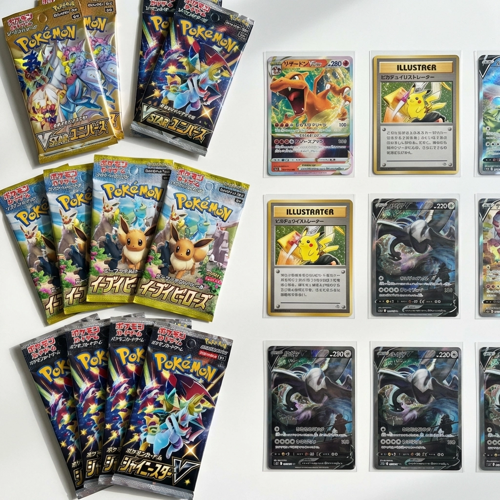Japanese Pokémon booster packs and single cards side by side showing collection options