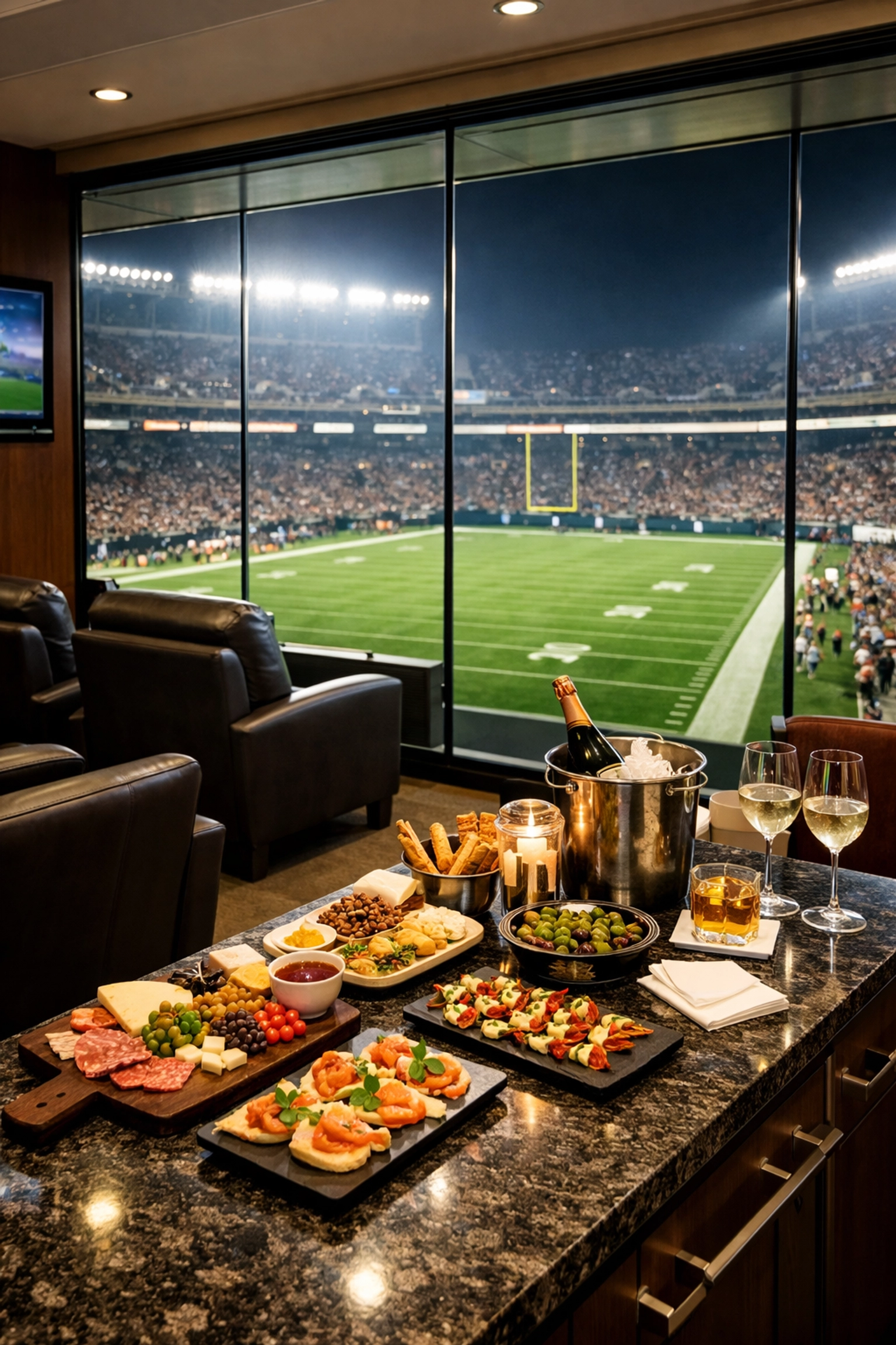 Exclusive Super Bowl stadium hospitality suite overlooking the field for high-stakes corporate networking.