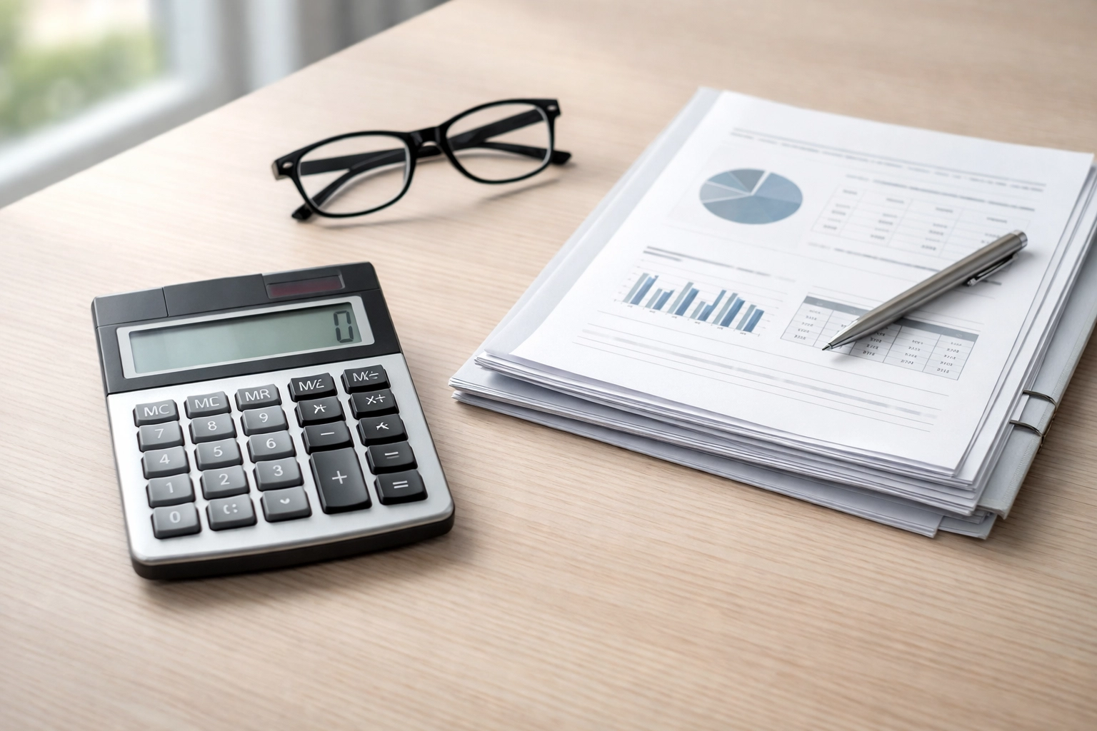 Calculator, papers, and glasses on a desk illustrate tax advantages of voluntary benefits for employers.