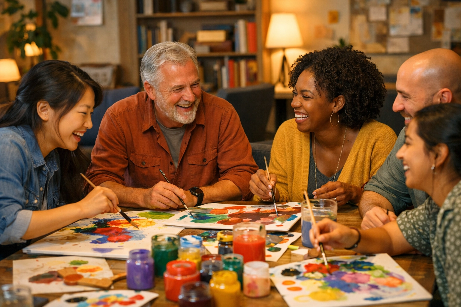 Team members laughing and creating art together during an inclusive team building activity.