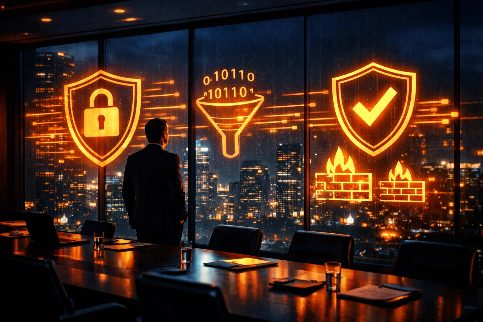 Manager im Konferenzraum visualisiert Risikomanagement und EU AI Act Compliance.