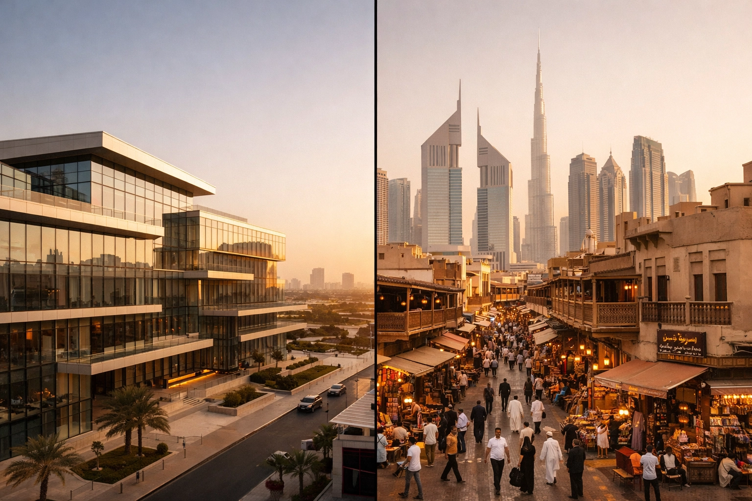 Free Zone vs Mainland UAE comparison showing modern office buildings and traditional Dubai business districts