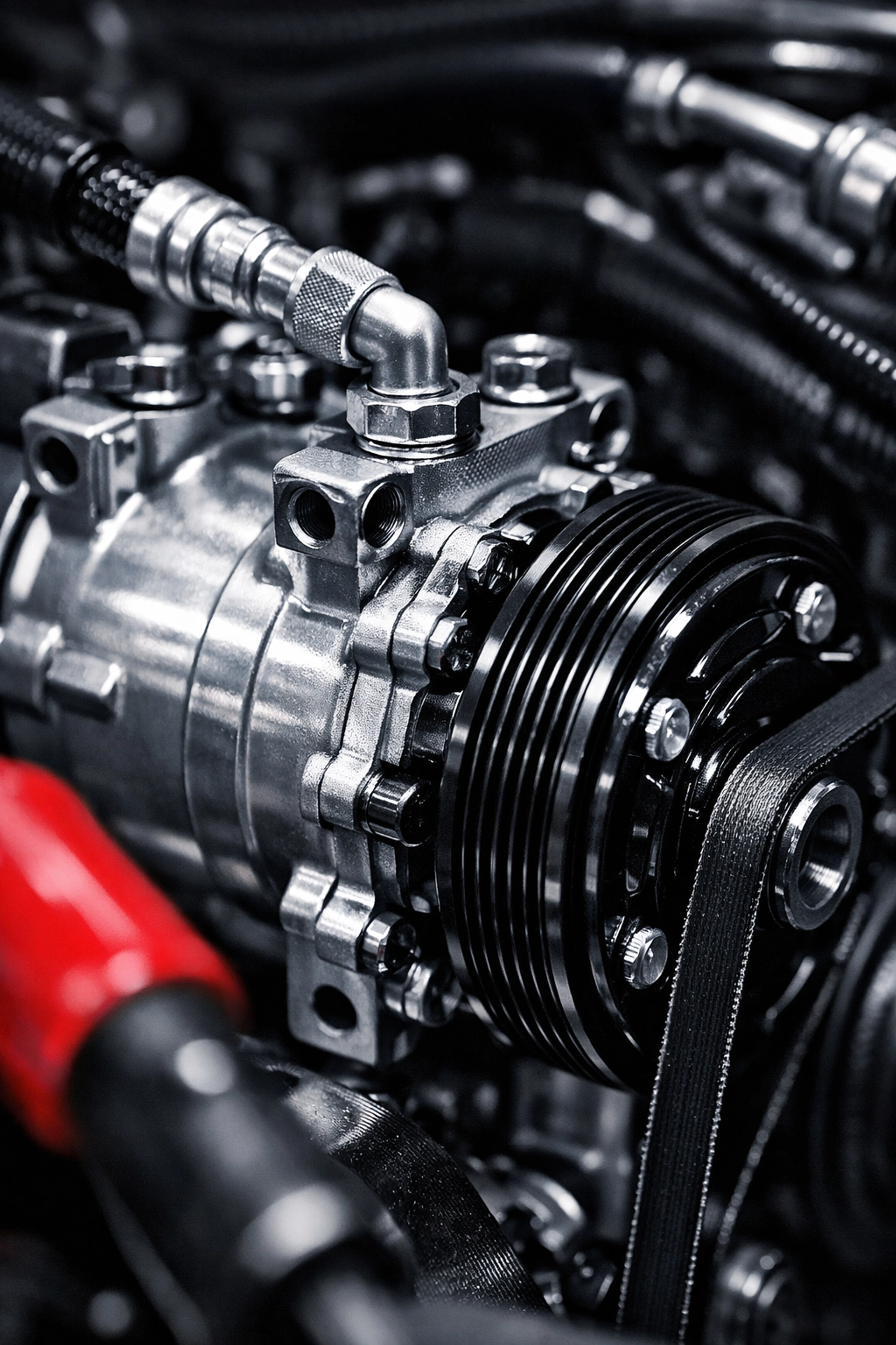 Close-up of a vehicle AC compressor and engine components during a professional AC repair in Carrollton TX.
