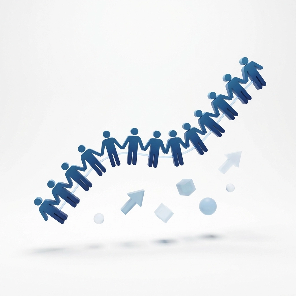 Upward-trending performance chart with connected human figures illustrating how strong organizational culture drives employee engagement and business growth.