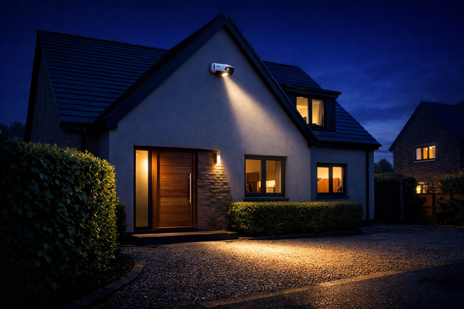 Dahua TiOC camera with active deterrence light protecting a modern UK home driveway at dusk.