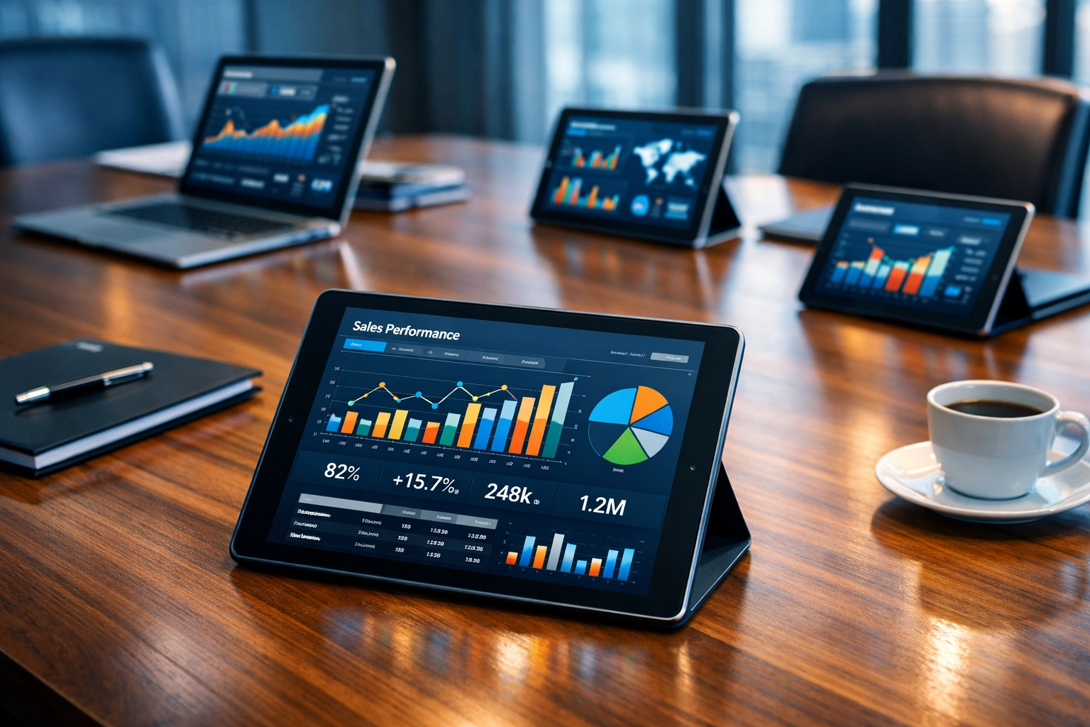 Data analytics dashboards on tablets showing workforce performance metrics in corporate boardroom