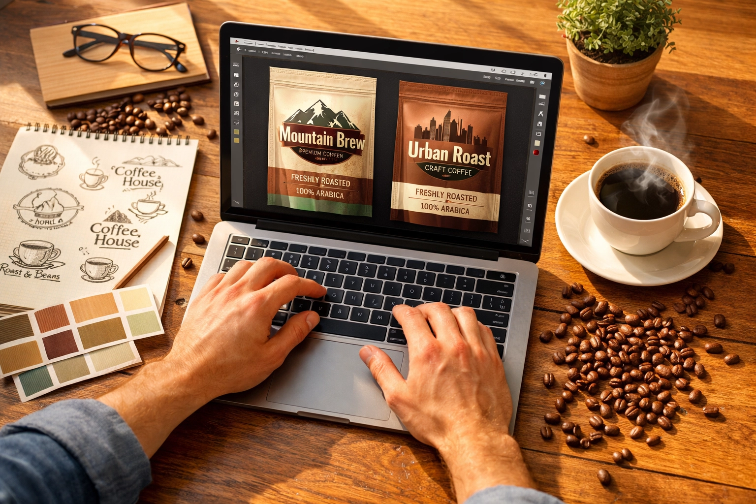 Entrepreneur designing custom coffee bag labels for UK dropshipping brand