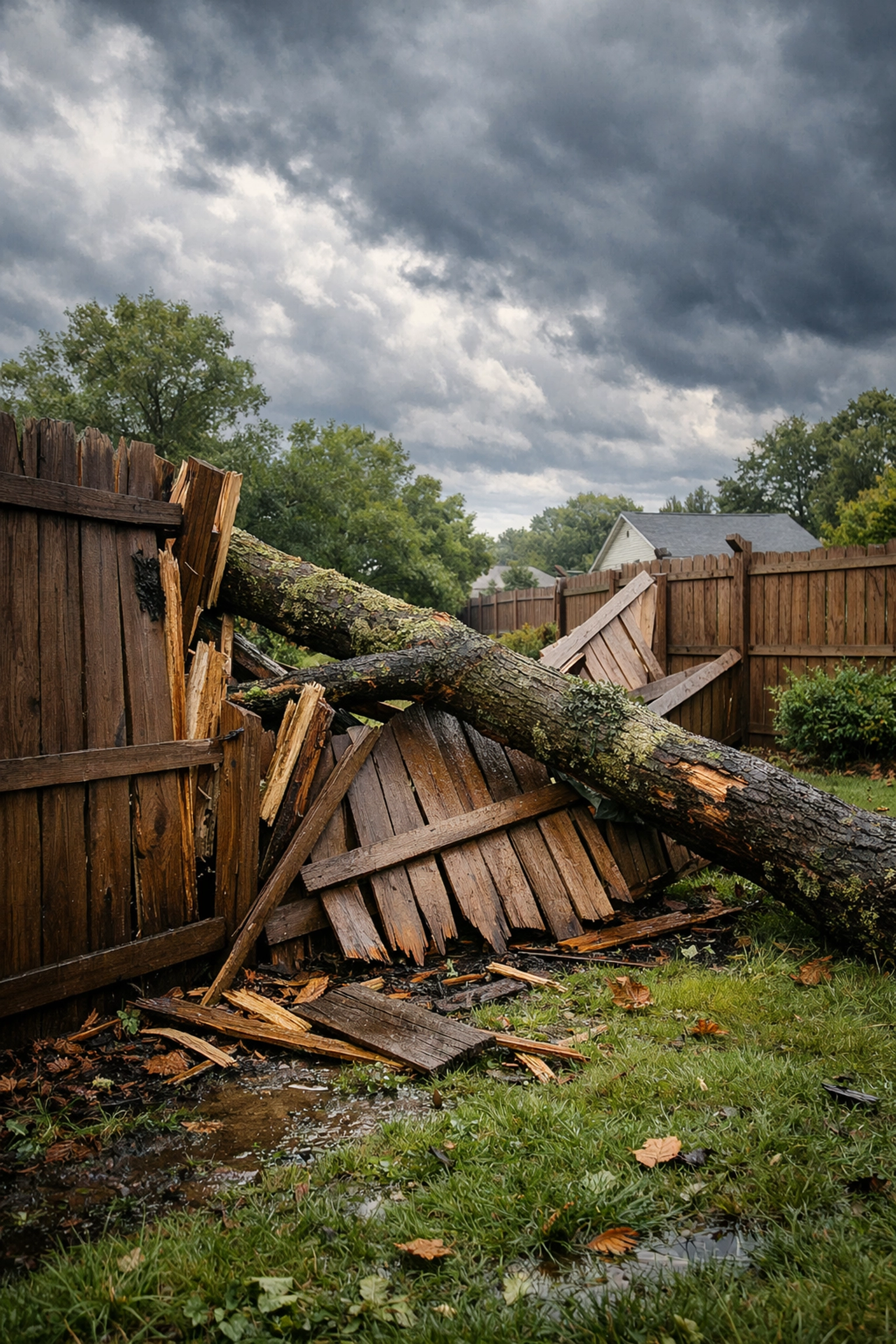 Storm damaged wooden fence with fallen tree branch in Knoxville backyard