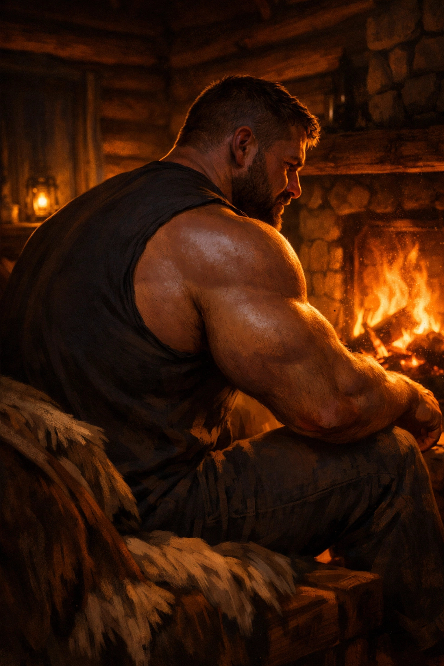 Illustration of a broad-shouldered man in a cabin, reflecting the bull hero trope in MM romance books.