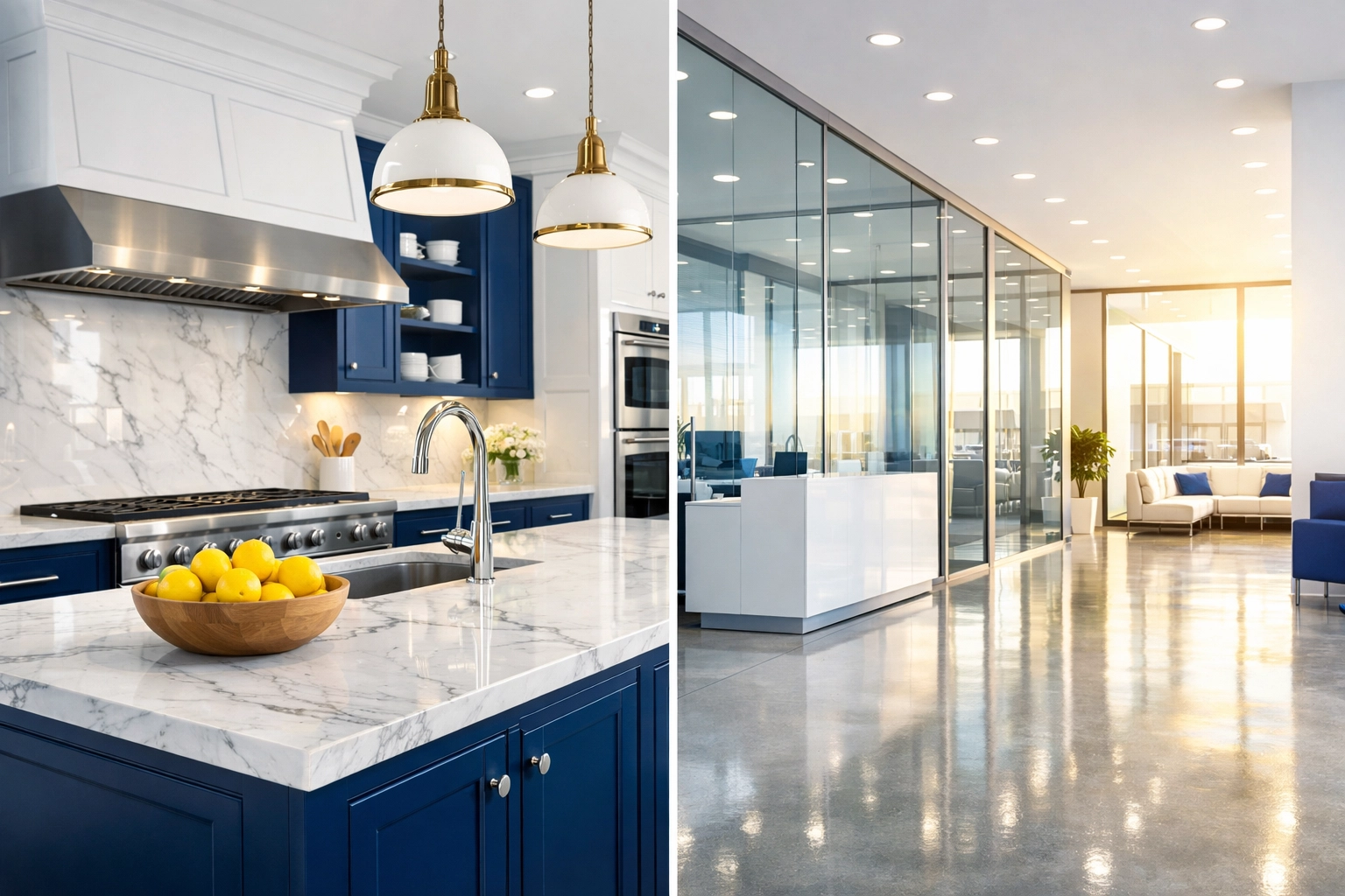 Spotless luxury kitchen and modern office space maintained by professional cleaning services near me.