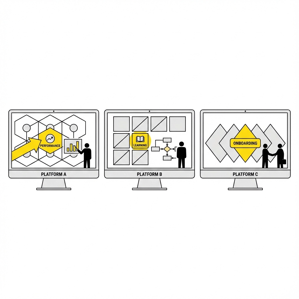 Three computer screens show: Platform A with "Performance" graphs, B with "Learning" flowcharts, C with "Onboarding" handshake icons.