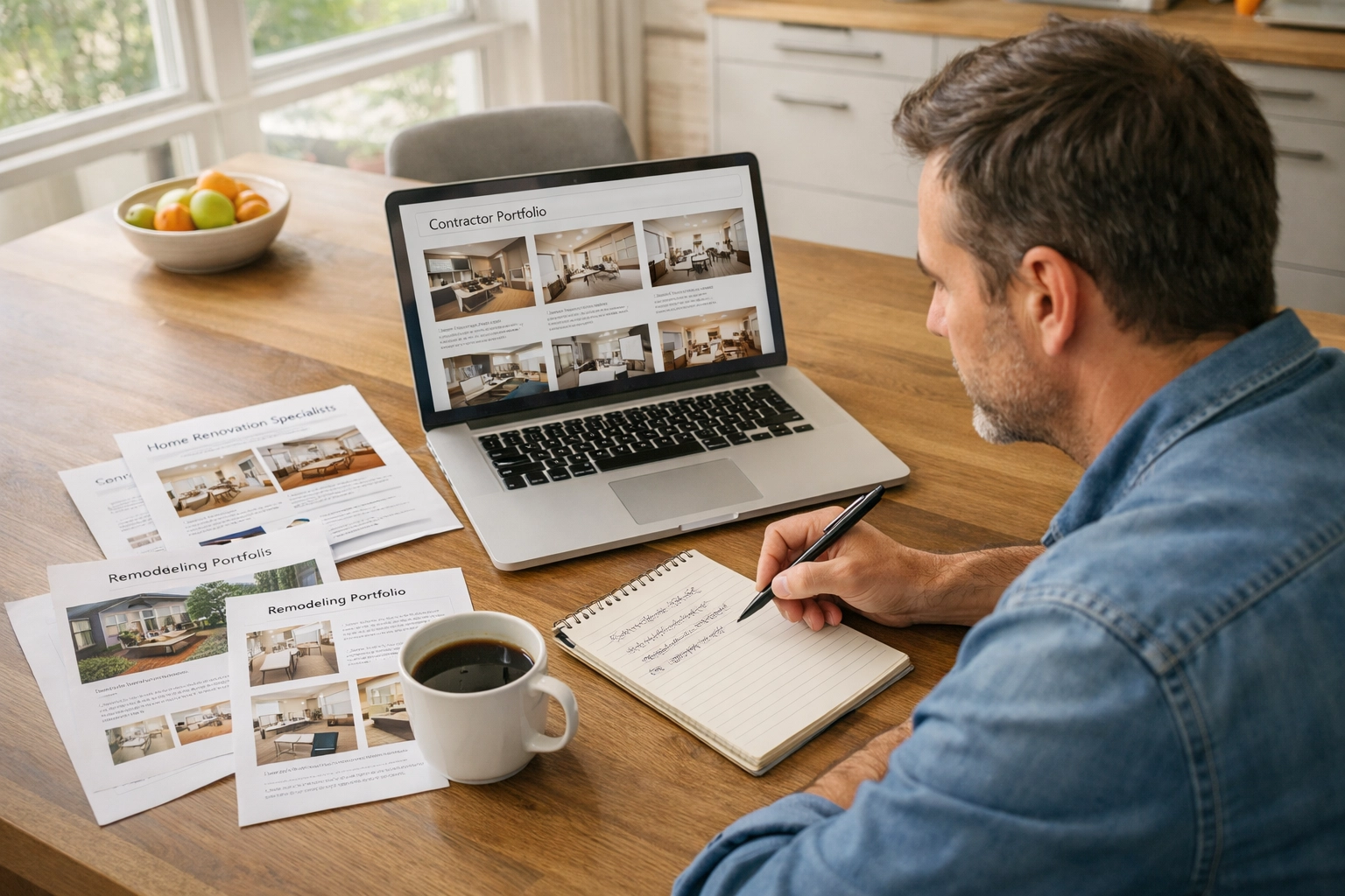 Orlando homeowner researching general contractors on laptop with notes and documents at kitchen table