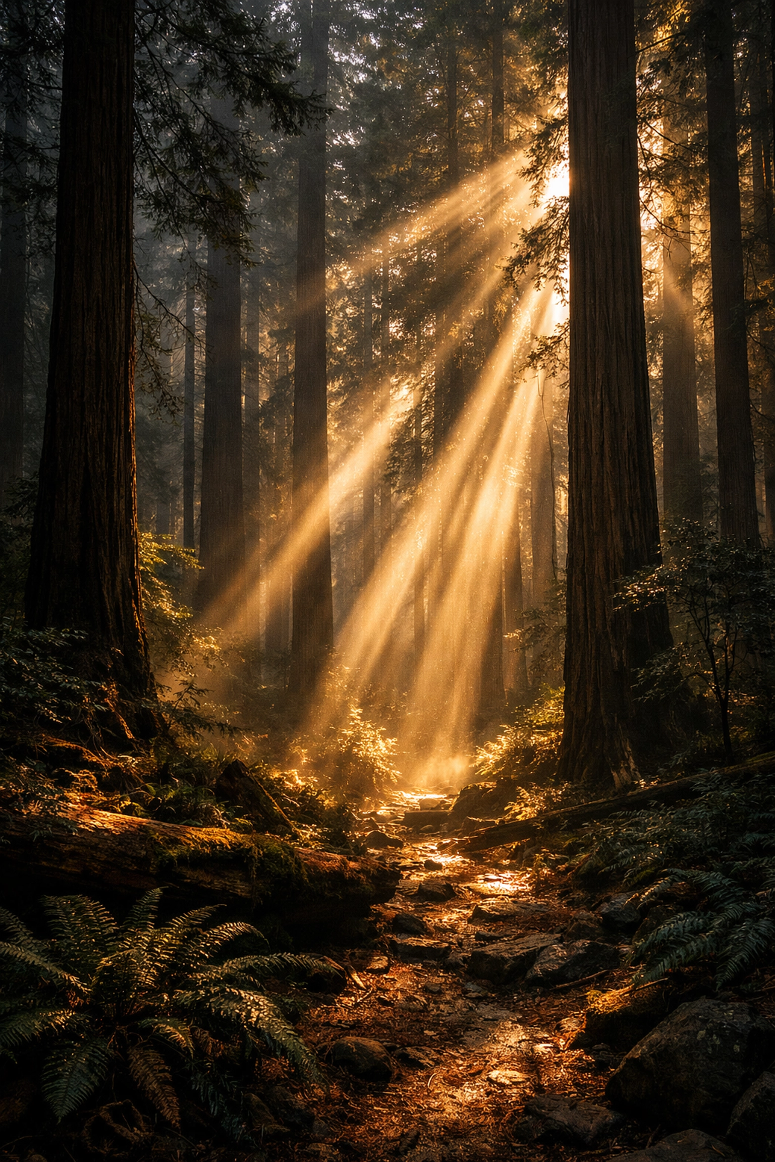 Sun rays breaking through misty forest trees, showcasing professional landscape photography tips.