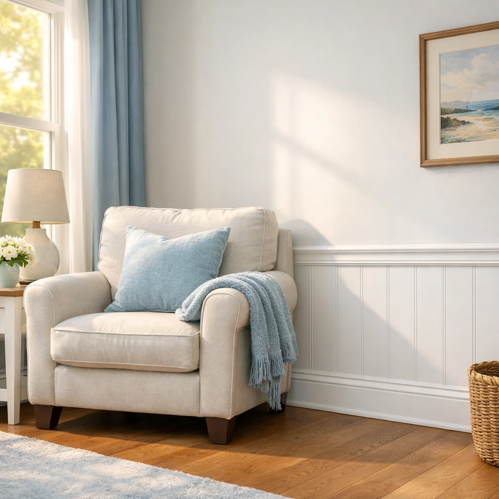 Sunlit living room with clean baseboards in a Fitchburg senior's home.