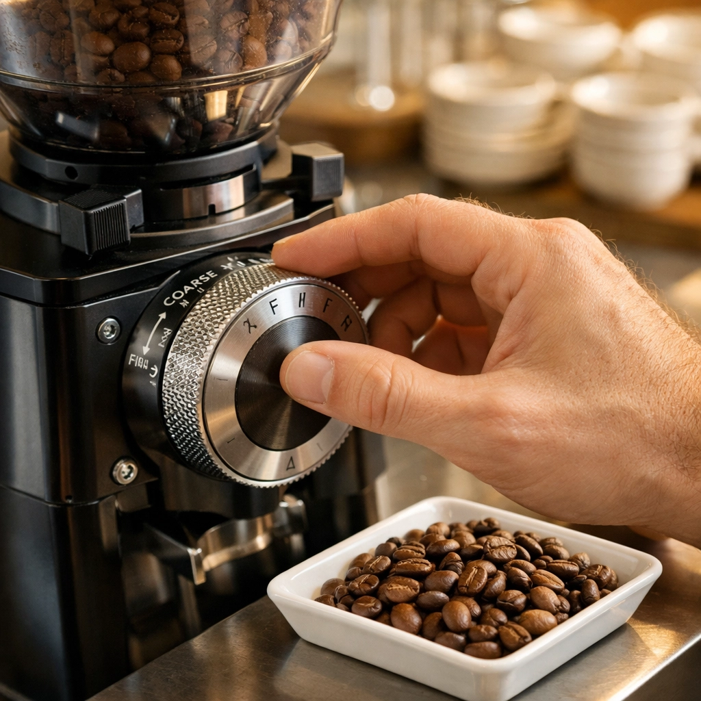 Barista adjusting an espresso grinder to test fresh wholesale coffee samples for a new café.