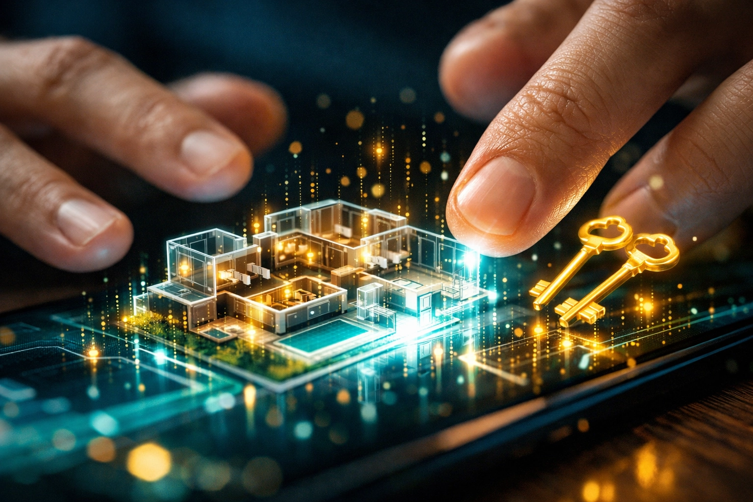 Manos usando herramientas digitales de formación inmobiliaria interactiva y planos 3D.