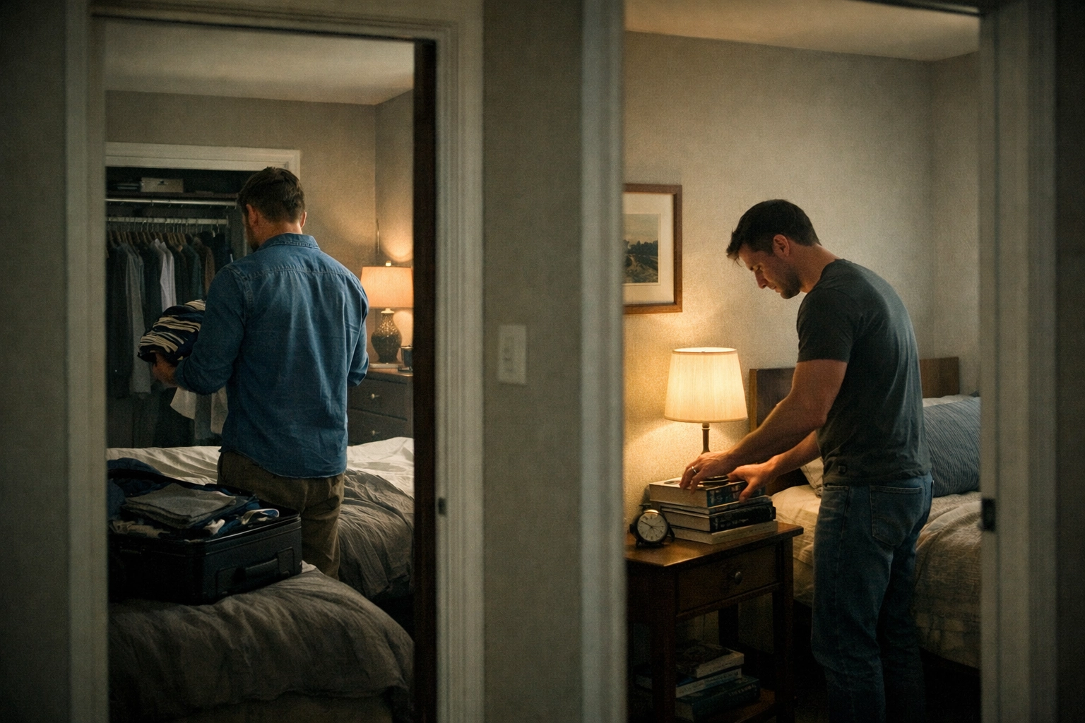 Gay couple staging separate bedrooms before family visit - closeted relationship reality