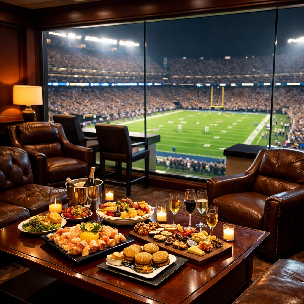 Interior of a luxury private stadium suite overlooking the football field for executive clients.