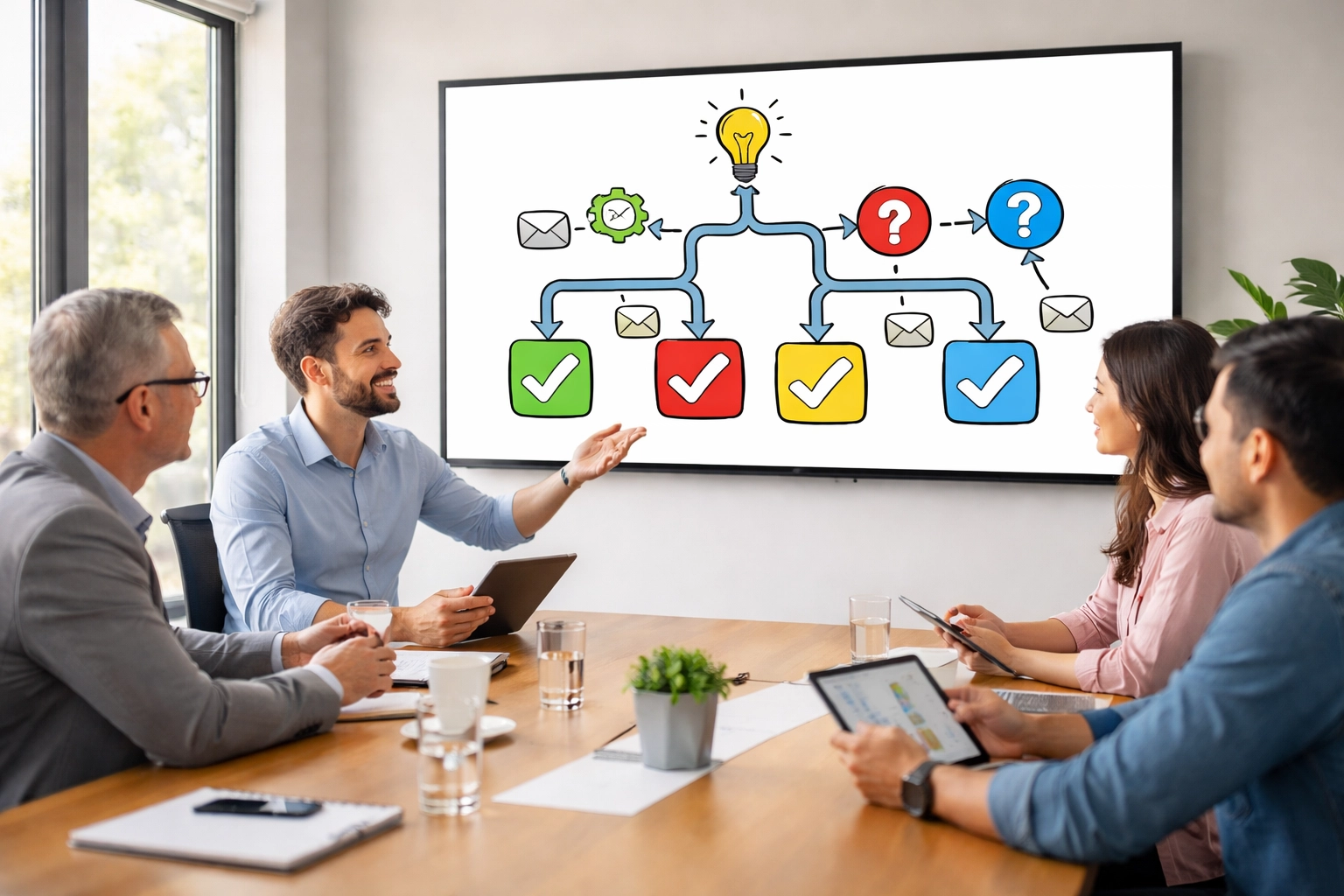 Diverse small business team reviews ISO 42001 decision flowchart on screen, discussing AI certification needs