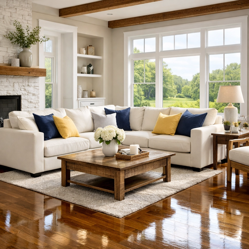 House cleaning Pepperell MA service results in a spotless living room with clean hardwood floors.