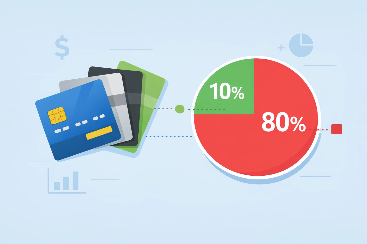 Tarjetas de crédito mostrando utilización del 10% vs 80% del límite