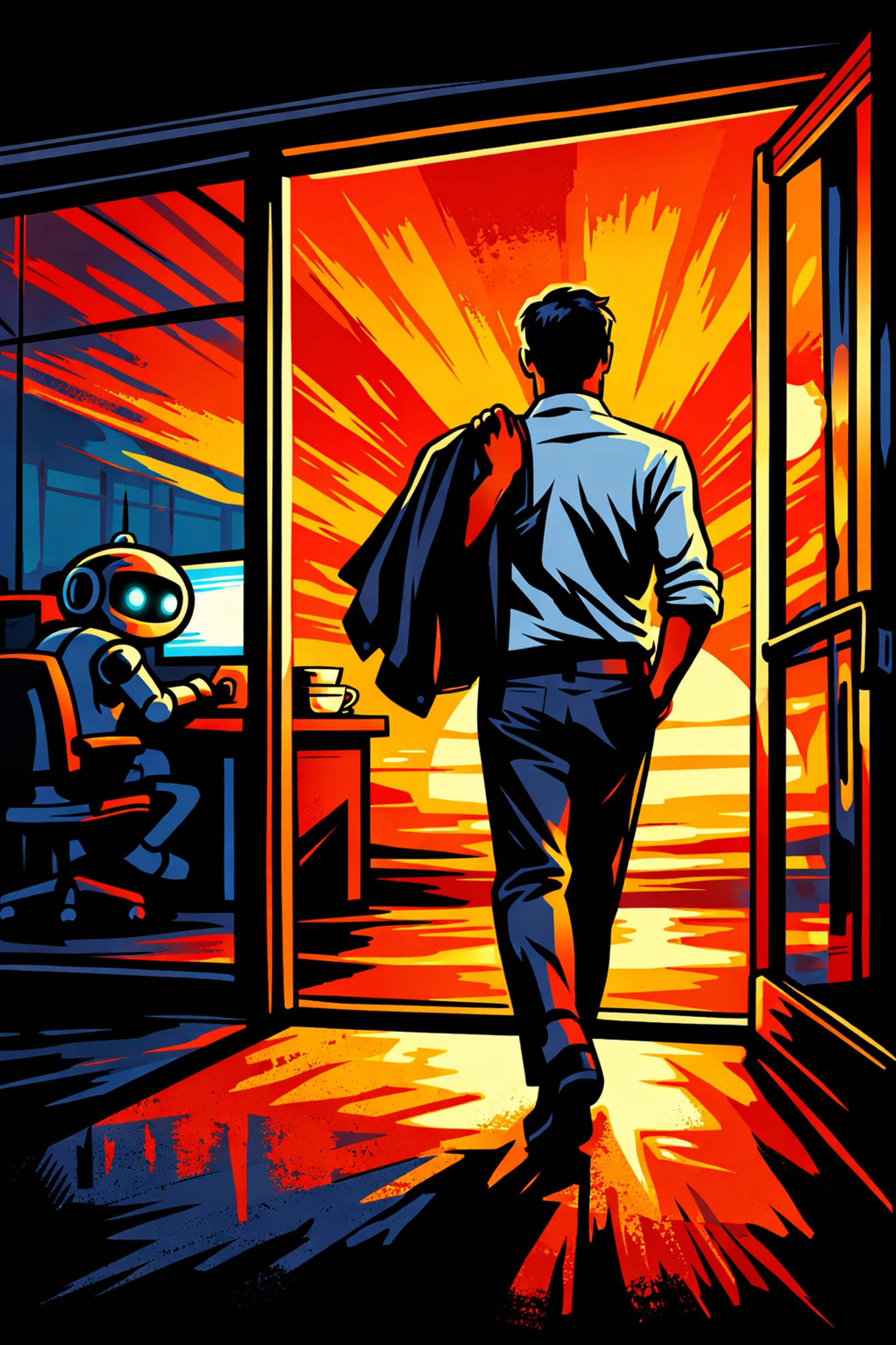 A person leaving work at sunset while an AI virtual assistant automates admin tasks.