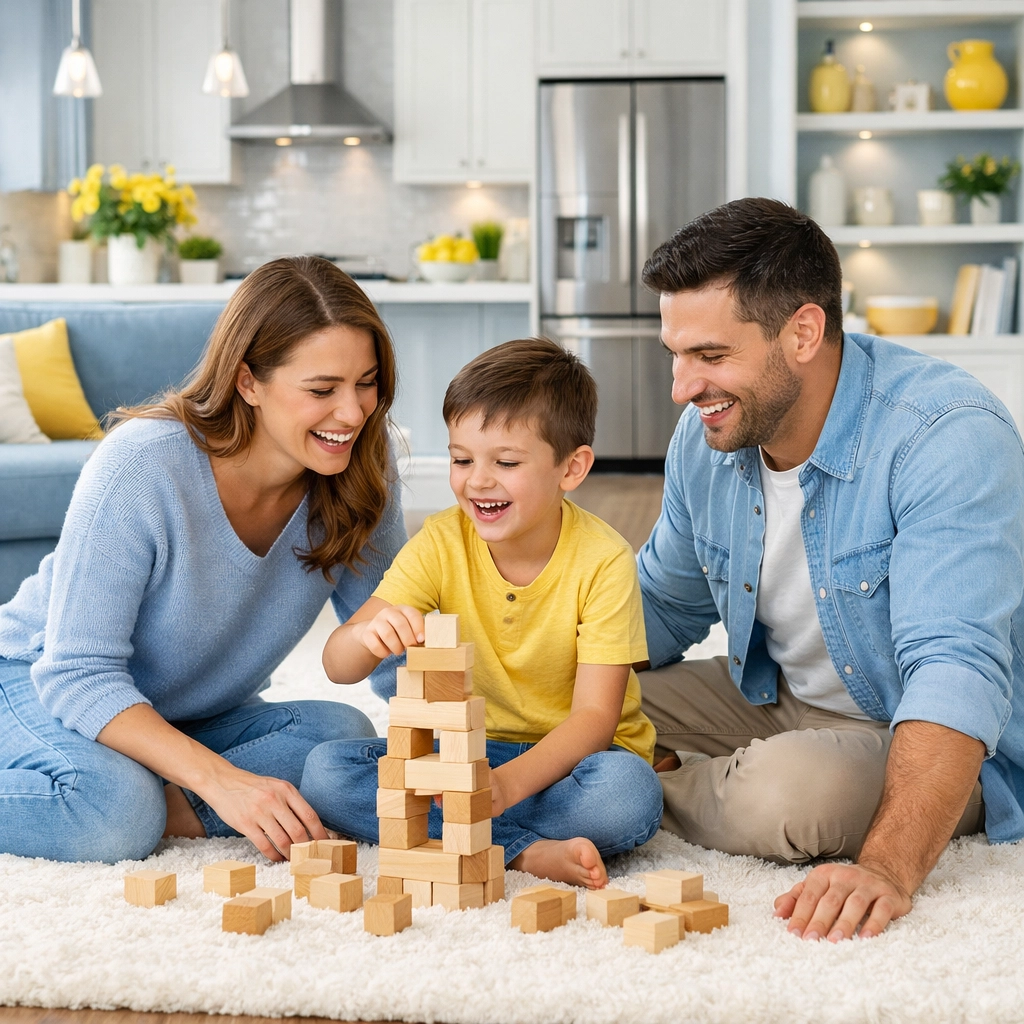 Happy family relaxing in a clean living room thanks to professional cleaning services near me.