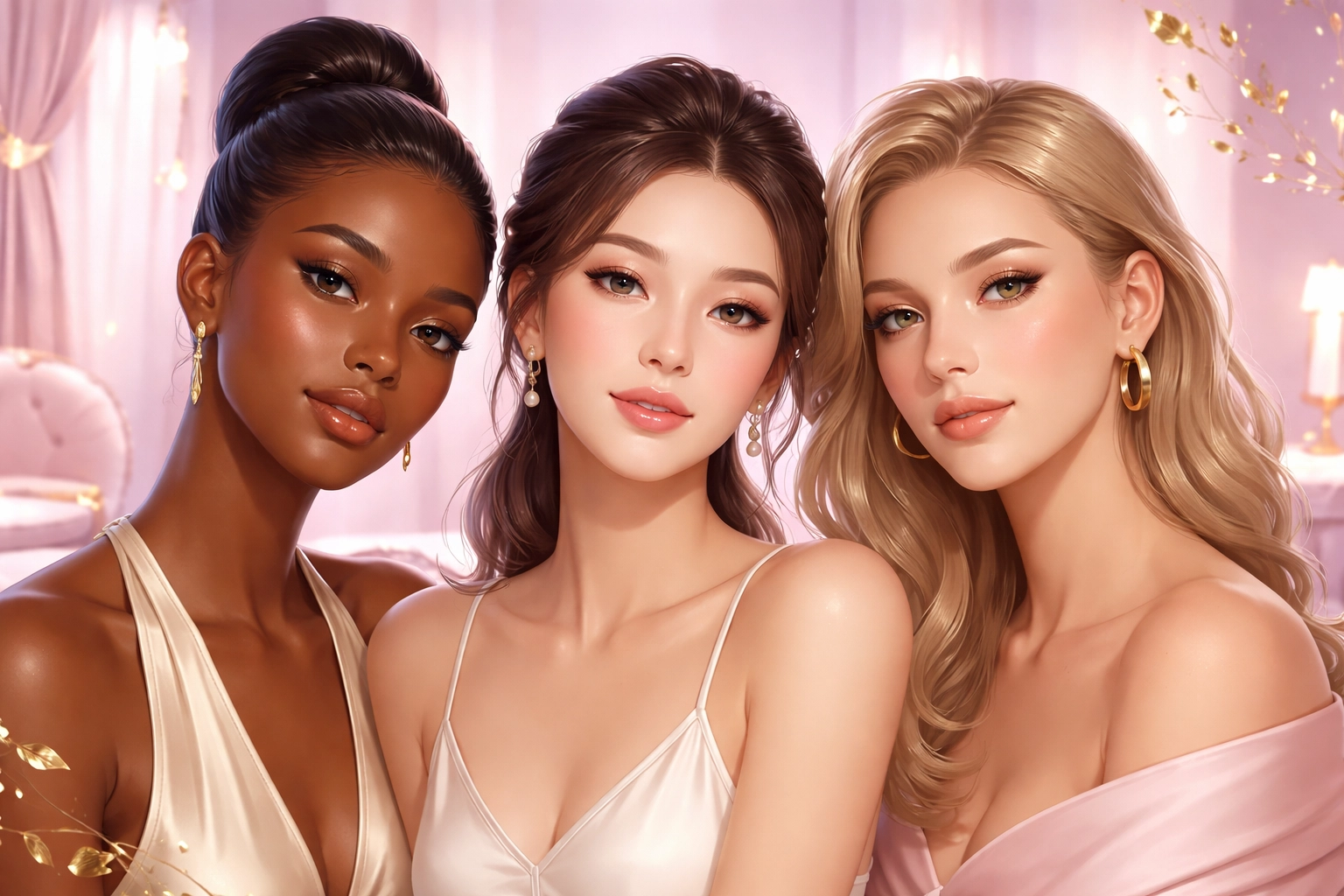 Three diverse women with flawless nano brows in a chic beauty studio, representing different skin types