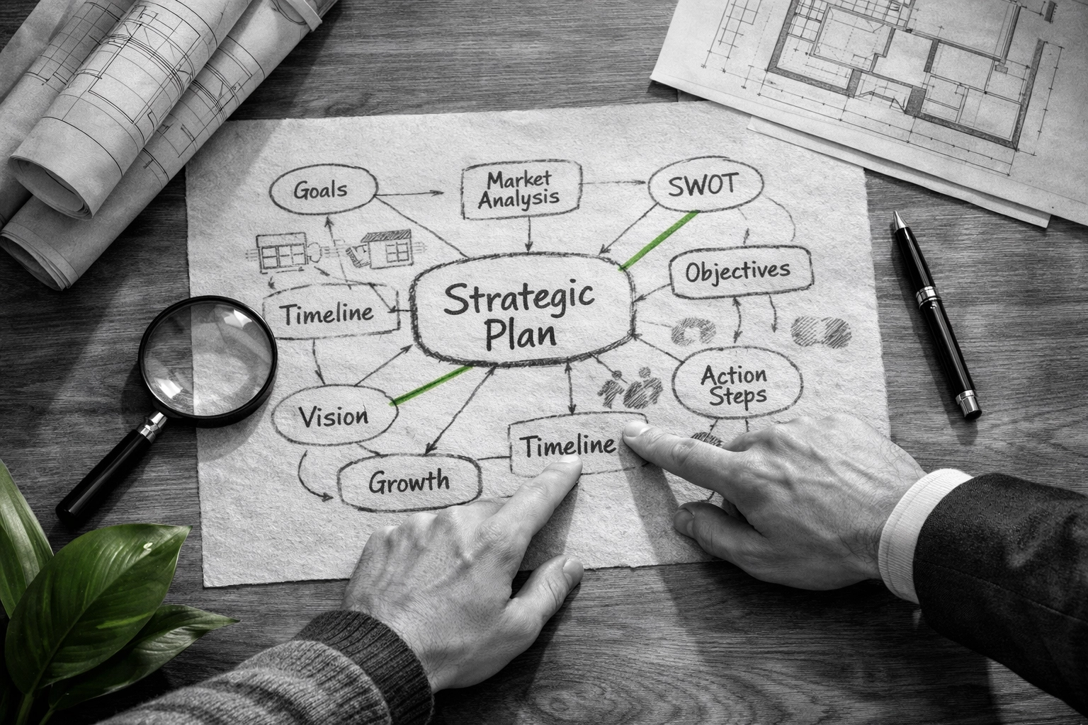 Collaborative strategic planning session with a nonprofit leader and funder reviewing an organizational mind-map.