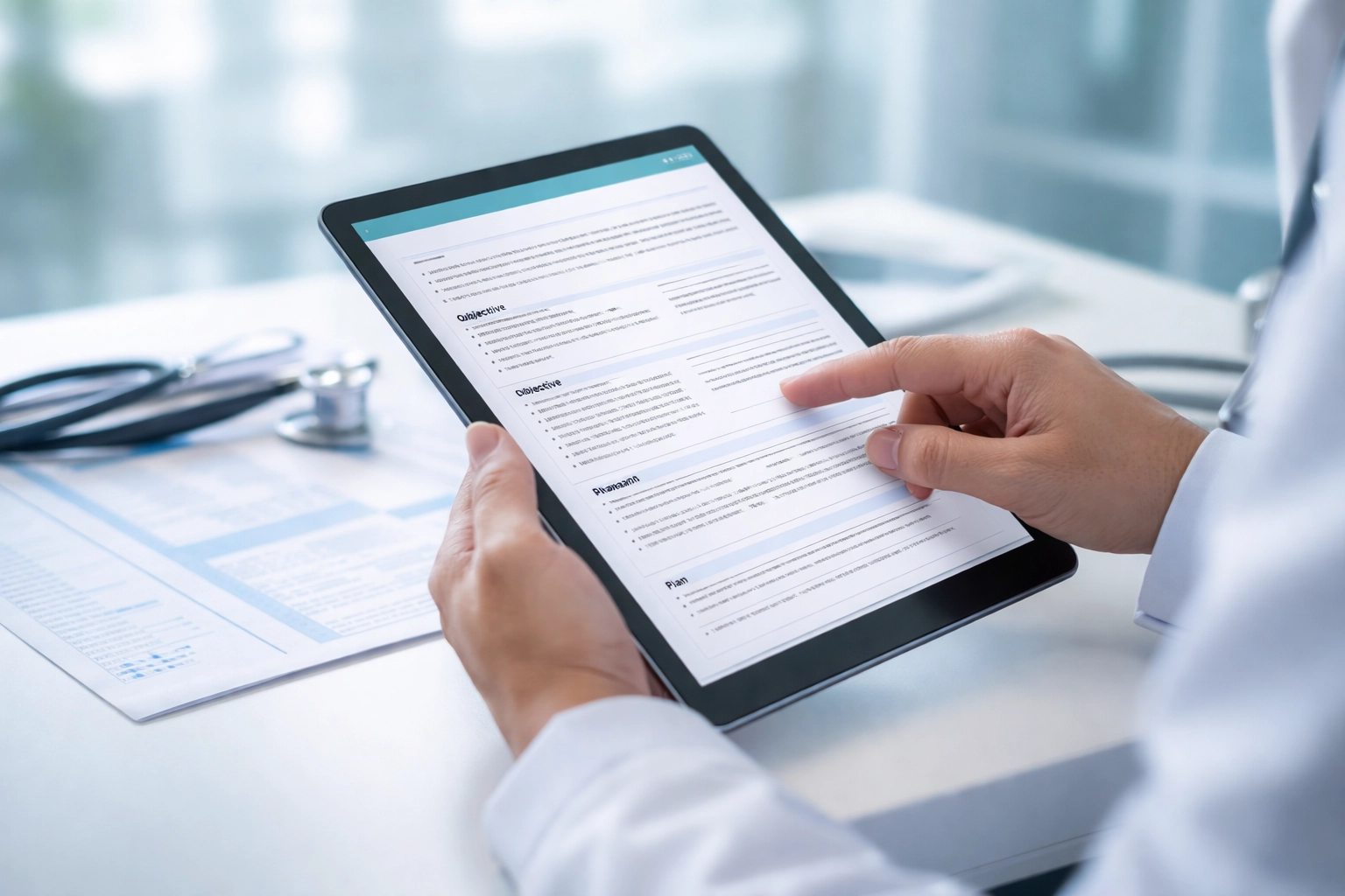 Close-up of doctor reviewing structured AI-generated SOAP notes on a tablet for improved clinical accuracy.
