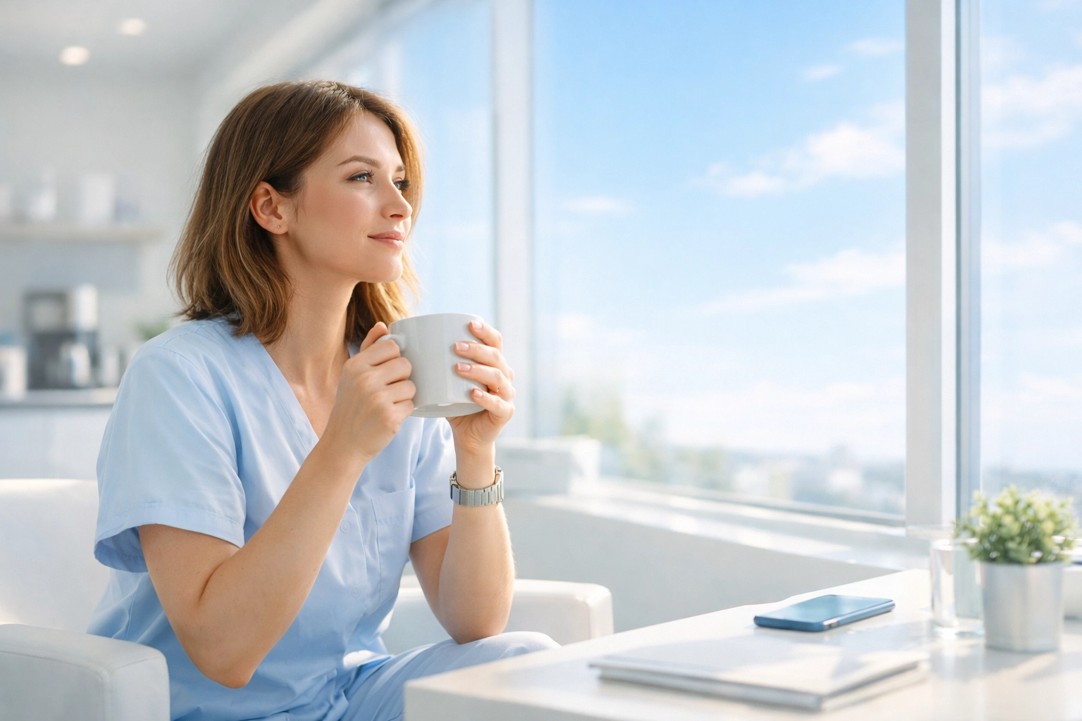 A woman finding spiritual peace and strength during a break, representing a calm heart.