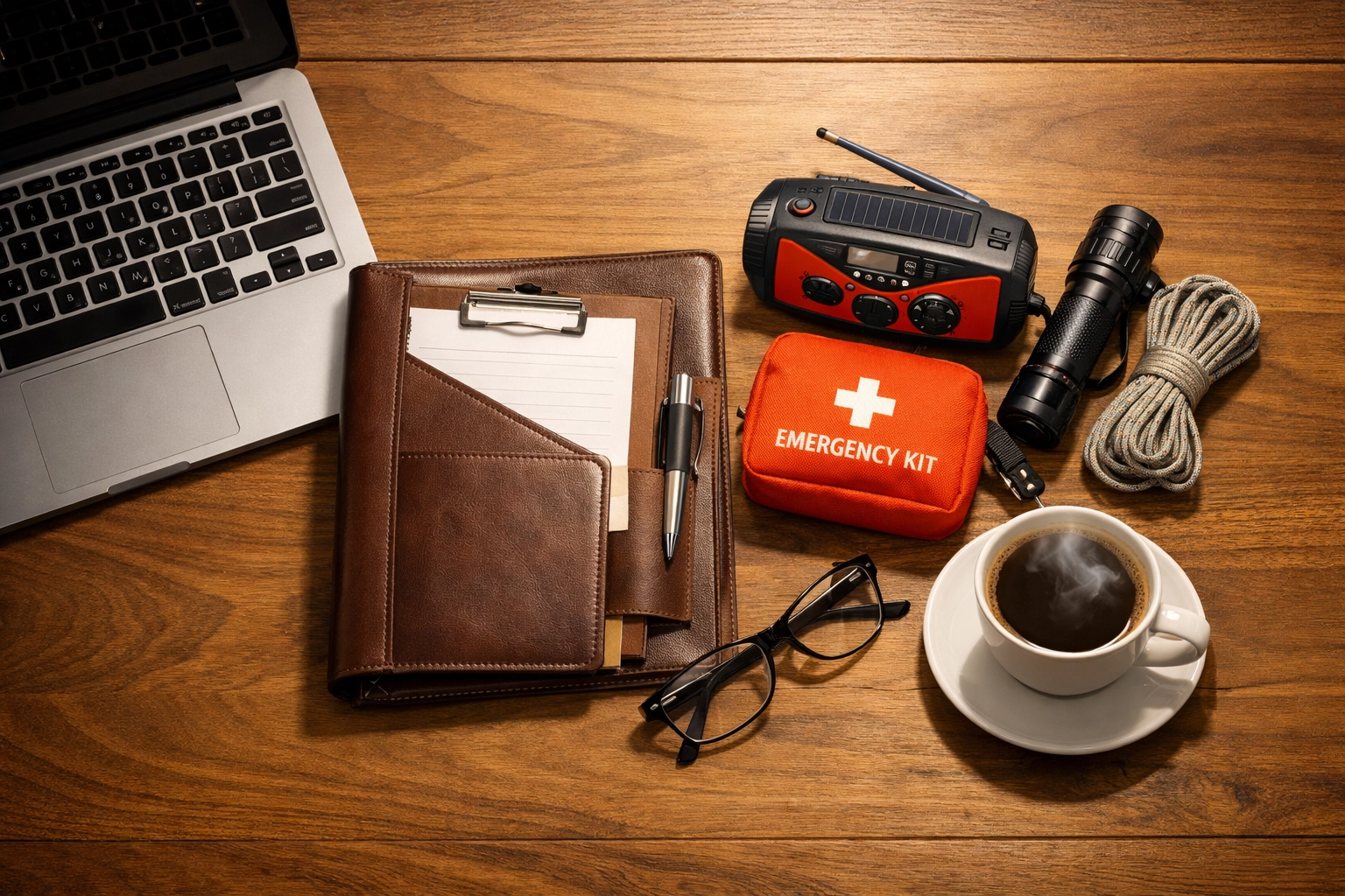 Office desk with a laptop and emergency kit organized for business risk management and disaster preparation.