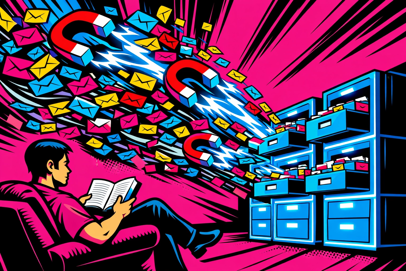 Business automation tools organizing digital emails while a business owner relaxes.