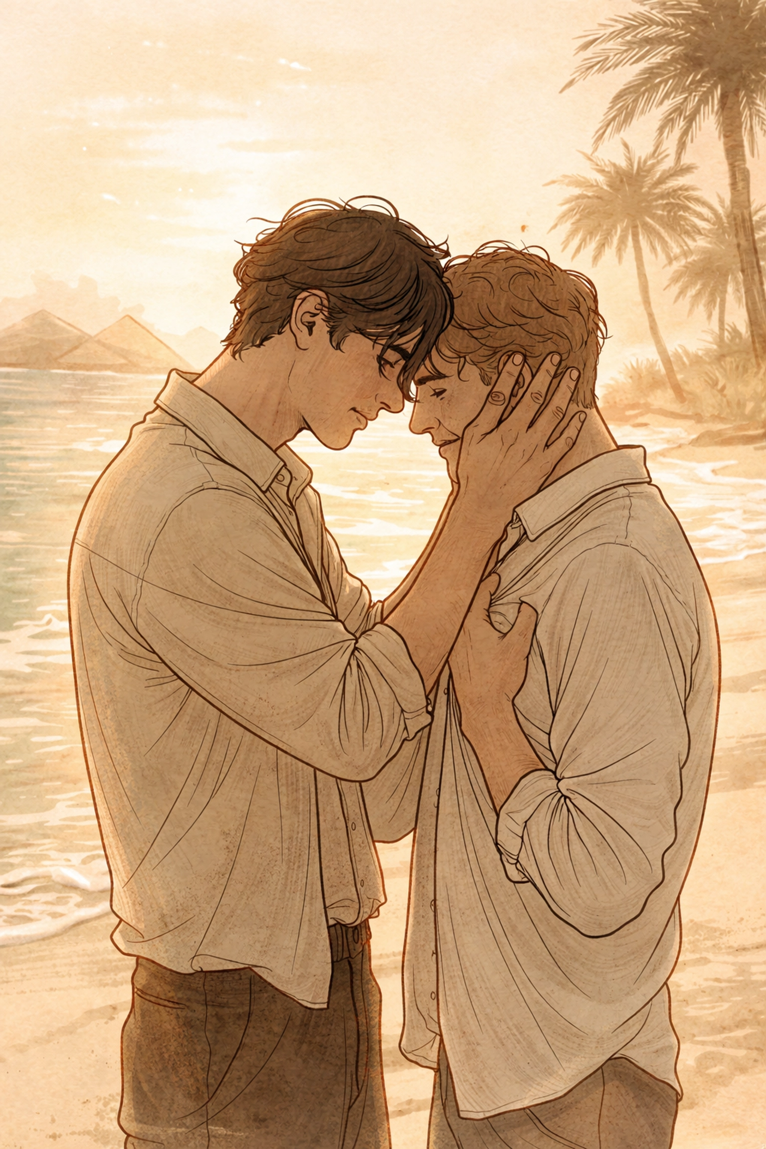 Two men share a heartfelt farewell embrace on an Egyptian beach at dawn, capturing the bittersweet essence of MM love and sacrifice.