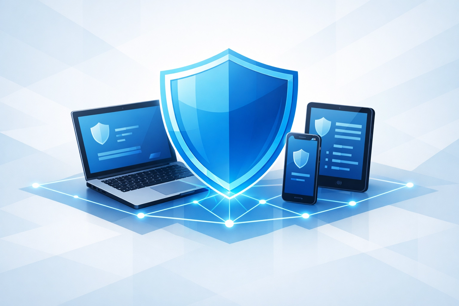 Network of connected mobile devices and laptops protected by a stylized blue security shield.