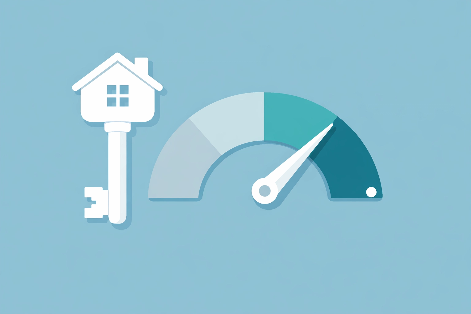 Llave de casa junto a un medidor de puntaje de crédito alto para comprar vivienda.